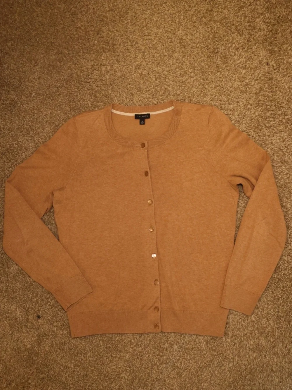 Talbots Camel Crewneck Button-Front Cardigan